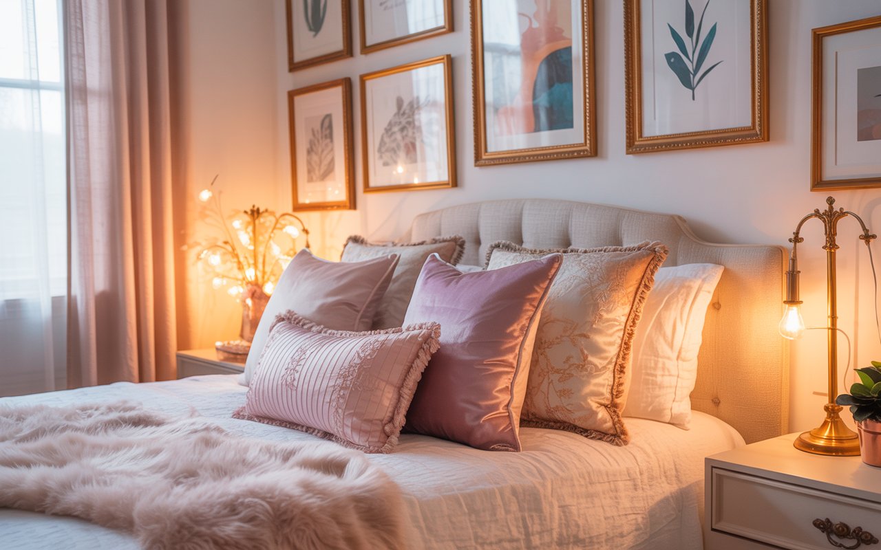 Aesthetic bedroom with soft pastel colors, decorative pillows, warm lighting, and elegant wall art.