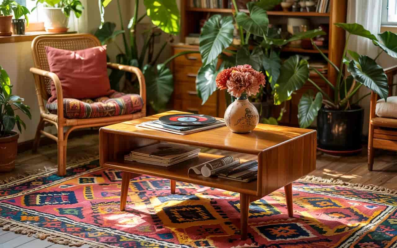 Retro living room with a wooden coffee table, rattan chair, and potted plants on a patterned rug.