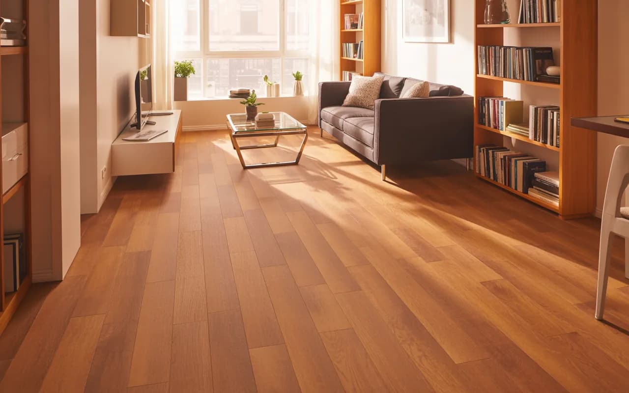 Small apartment living room with light wooden flooring and compact furniture.