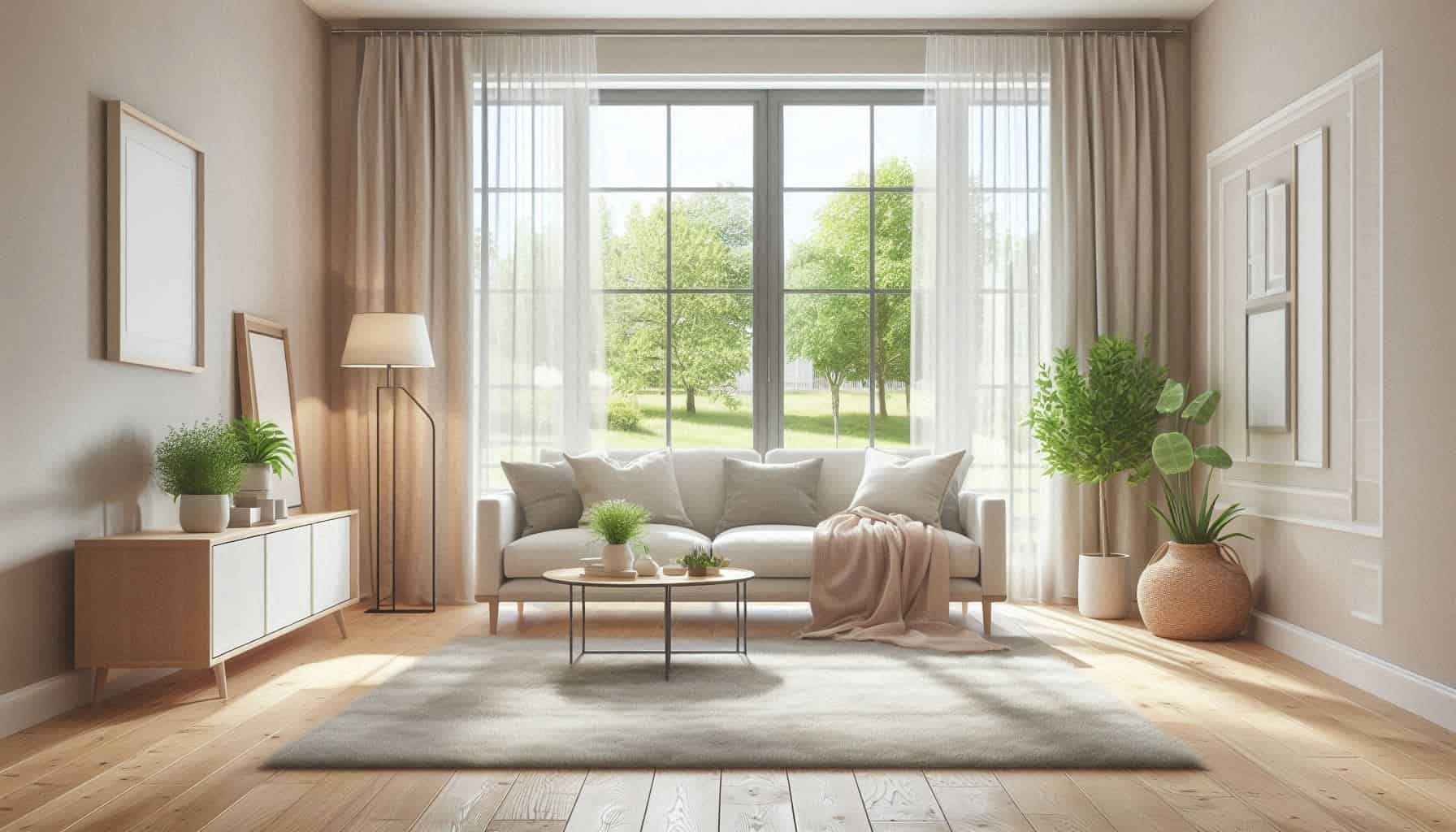 Cozy living room with light flooring, neutral rug, clean modern décor, well-maintained bright interior