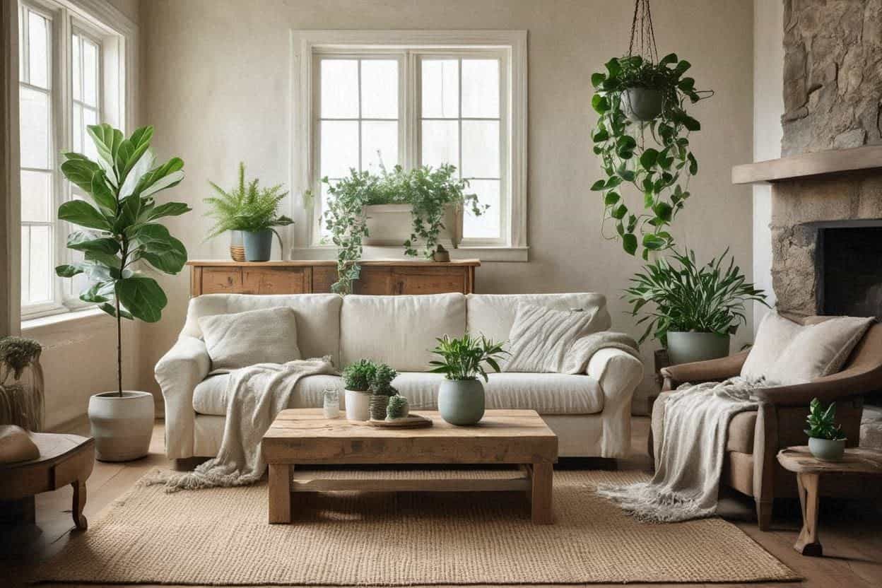 Modern country living room with potted plants and greenery accents.