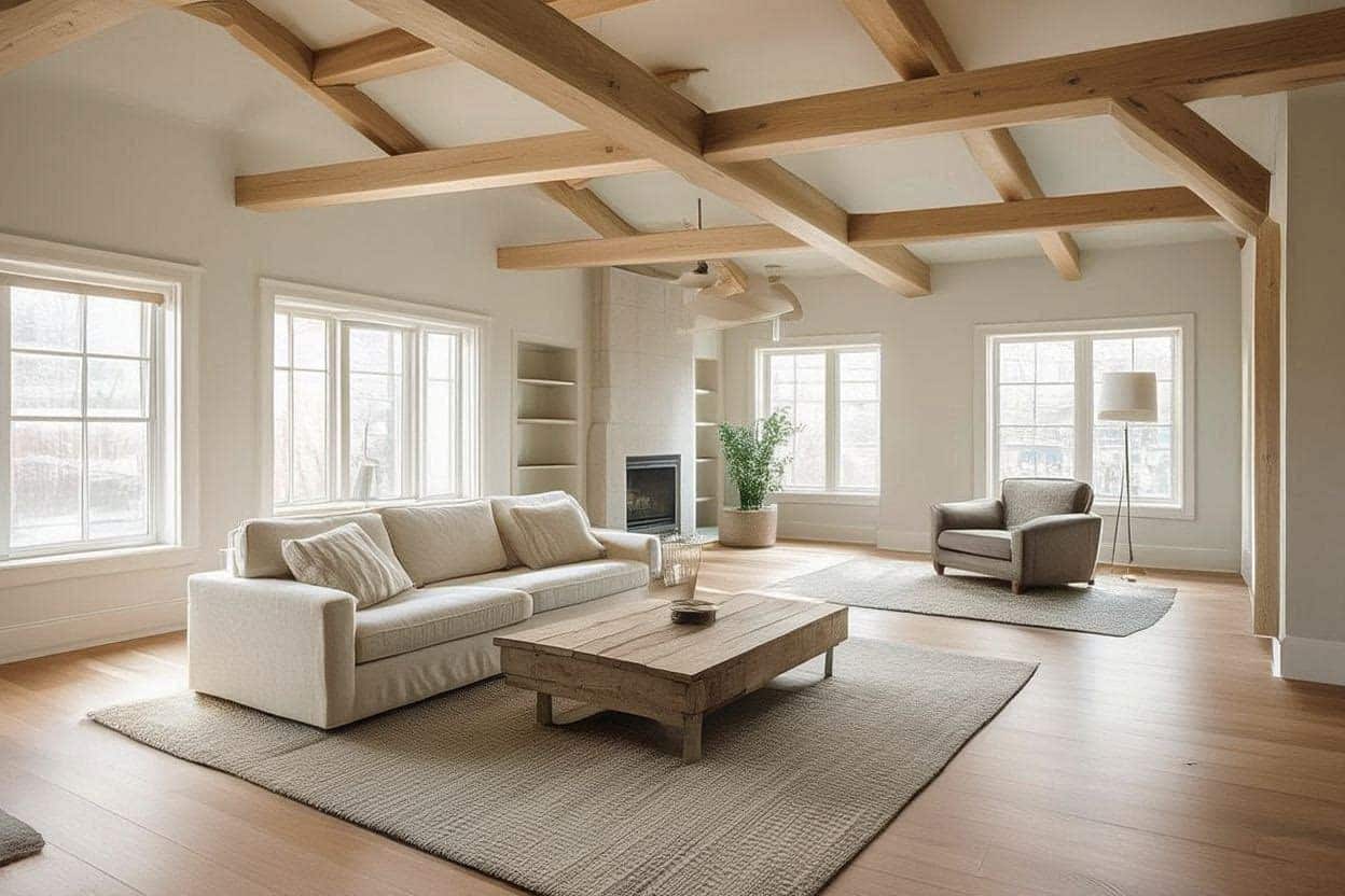 Open modern country living room with minimal furniture and cozy seating areas.