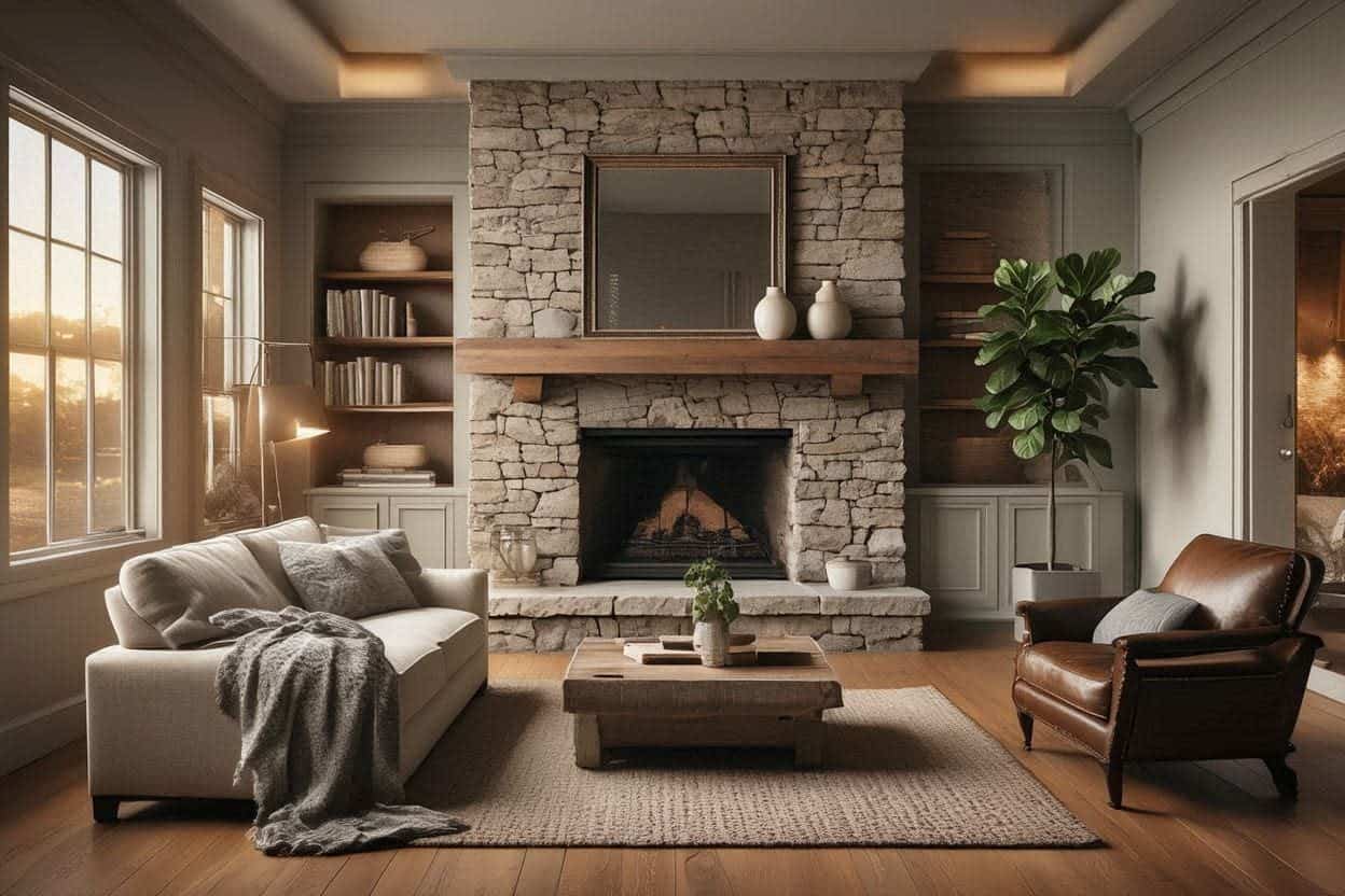 Modern country living room with a fireplace as the focal point.