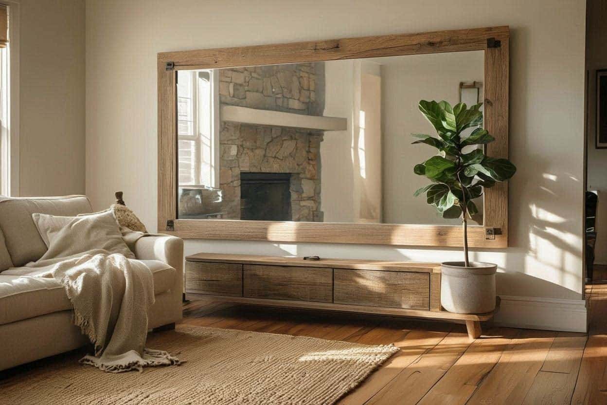 Wooden-framed mirror reflecting light in a modern country living room.