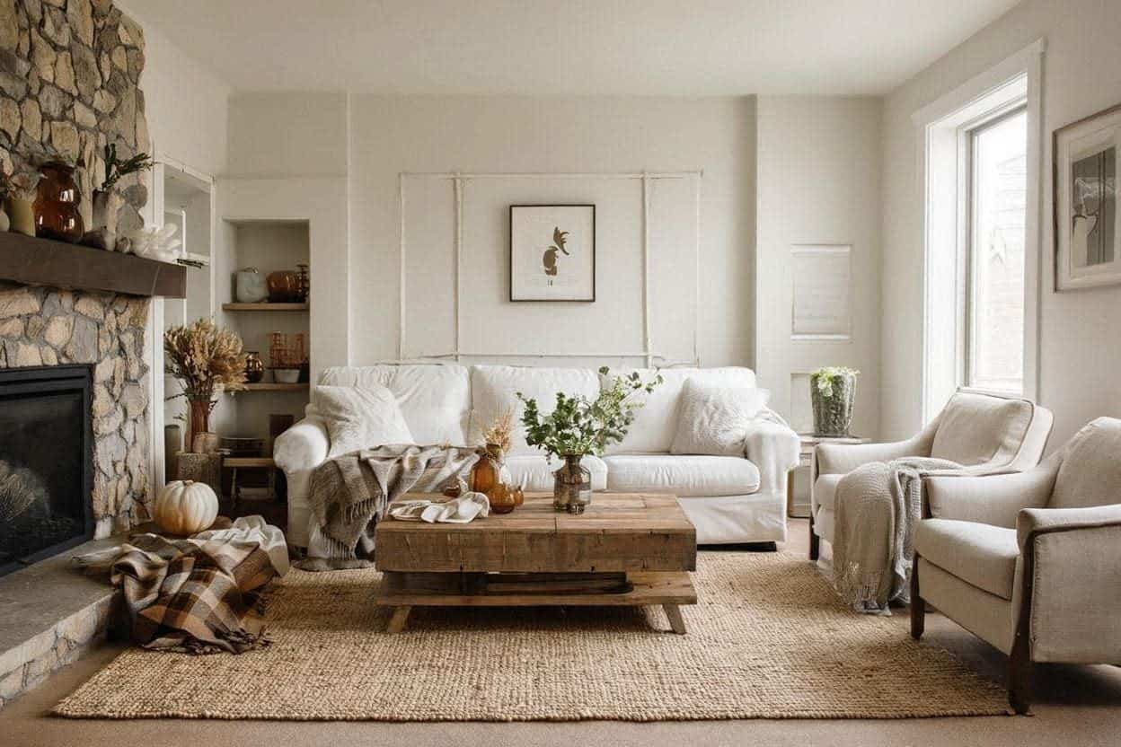 Modern country living room styled with seasonal decor accents.