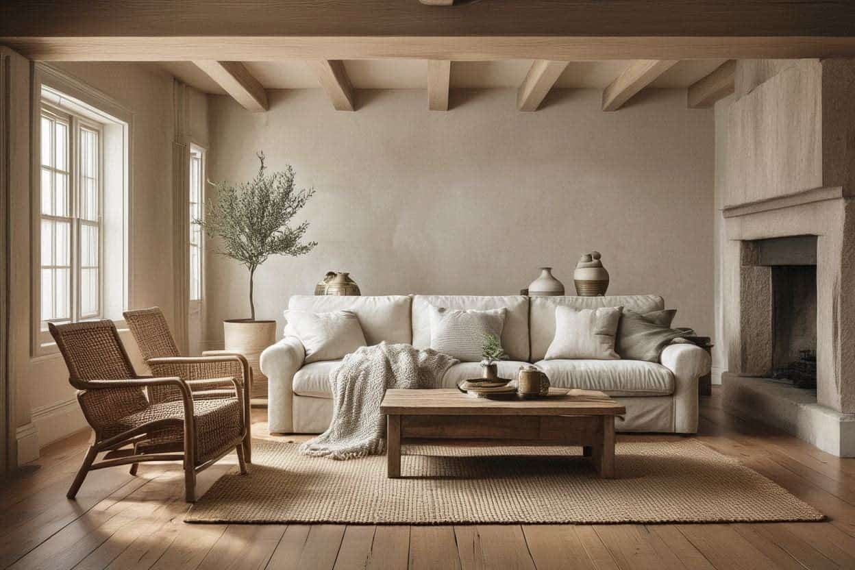 Timeless modern country living room with natural materials and neutral tones.
