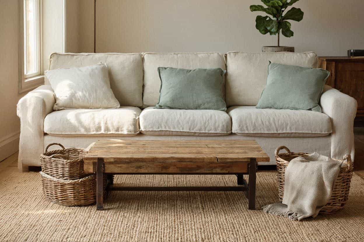Modern country living room with wooden coffee table, wicker baskets, and linen cushions.