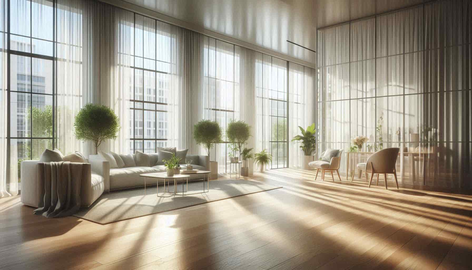 Living room with light flooring, large windows, sheer curtains, sunlight reflecting on the floor, airy modern interior