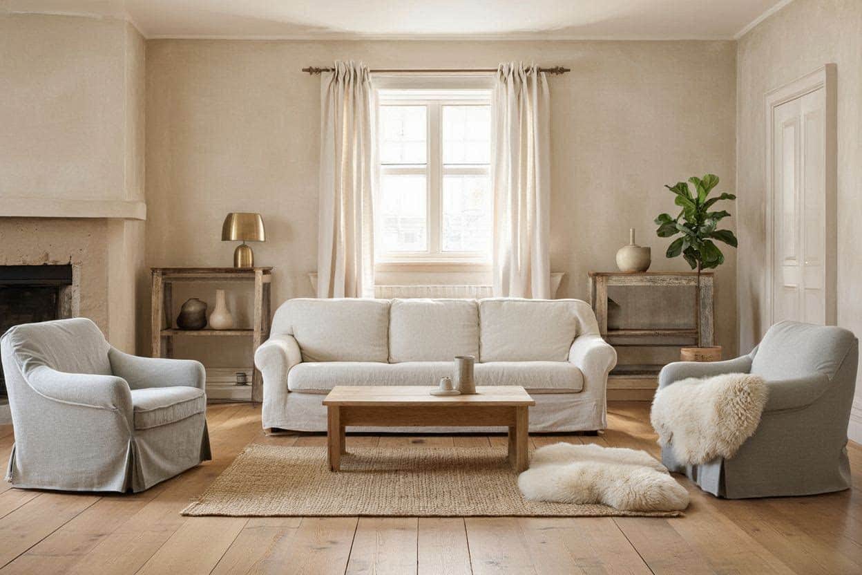 eutral-toned modern country living room with beige walls and light-colored furniture.