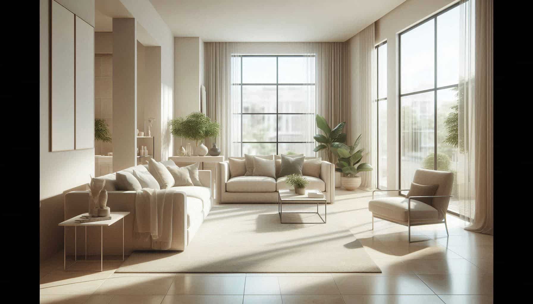 Modern living room with cream tile flooring, soft neutral furniture, natural daylight, clean and airy interior