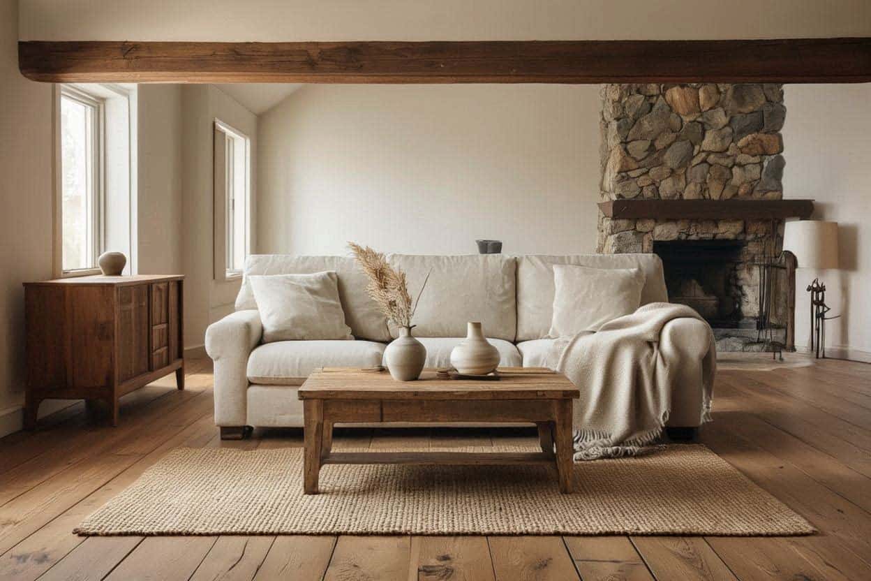 Modern country living room featuring neutral sofa, wooden furniture, and rustic decor accents.
