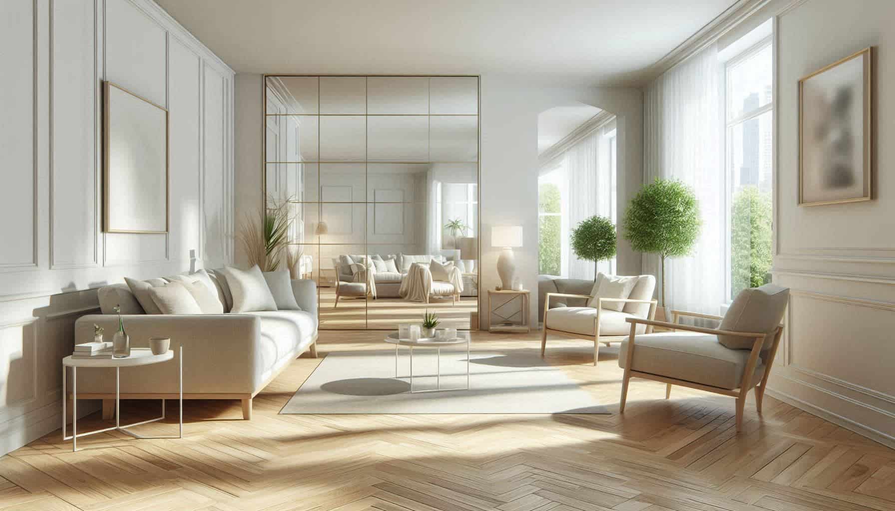 Living room with light flooring, white walls, neutral furniture, mirror accents, airy interior design