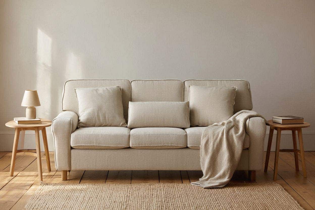 Cozy modern country sofa with simple wooden side tables and neutral cushions.