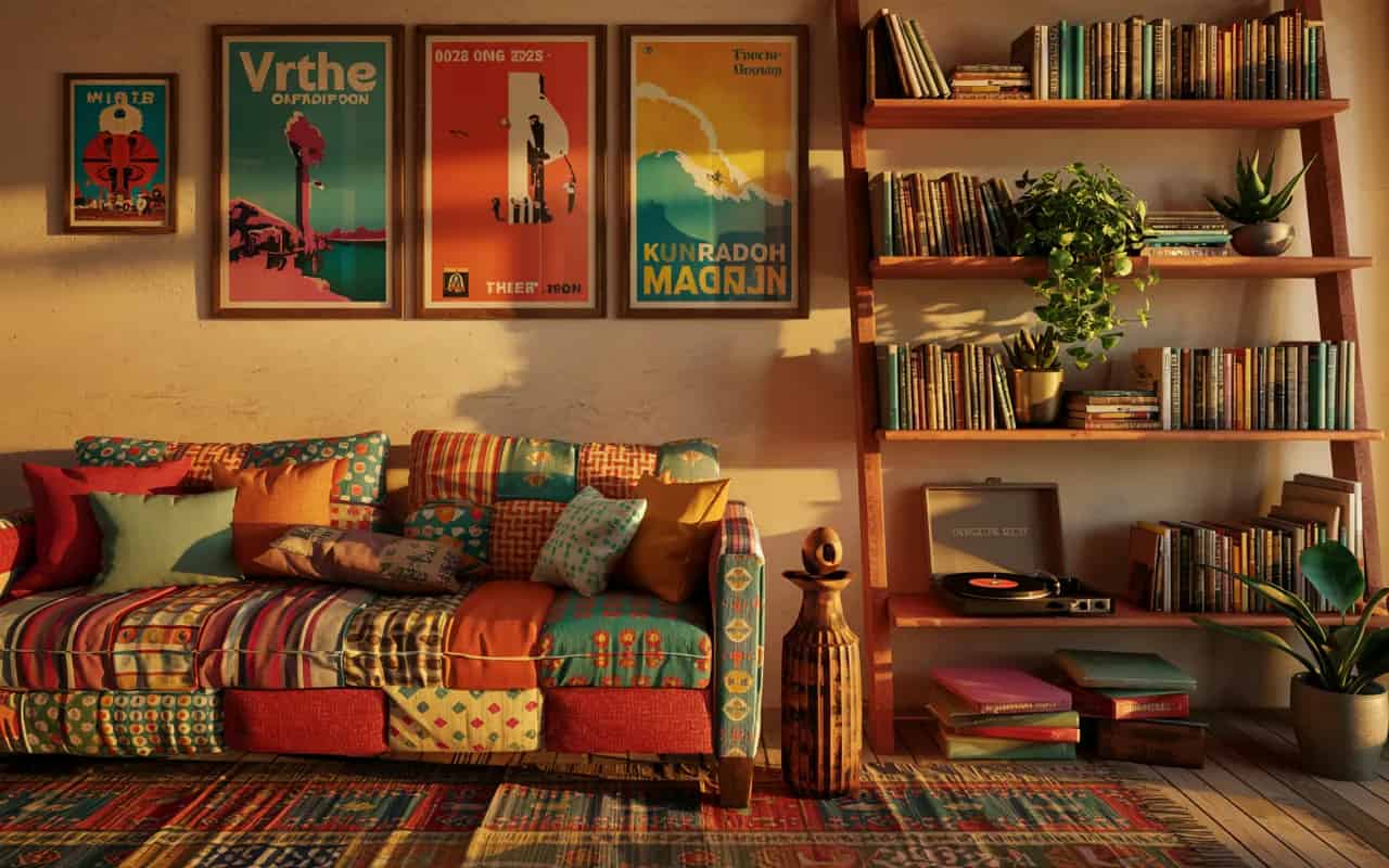 2000s living room DIY decor with retro posters, upcycled furniture, colorful wall, nostalgic vibe”