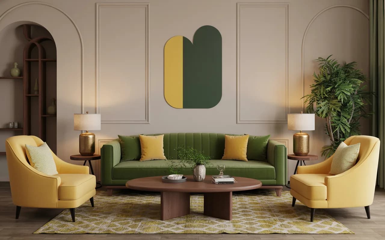Green velvet sofa with yellow accent chairs, wooden coffee table, patterned yellow rug, and green-and-yellow wall art.