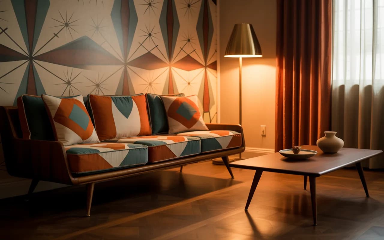 Mid-century modern living room furniture paired with vintage 1950s wallpaper, wooden sofa, retro cushions, warm lighting, high-quality interior design.