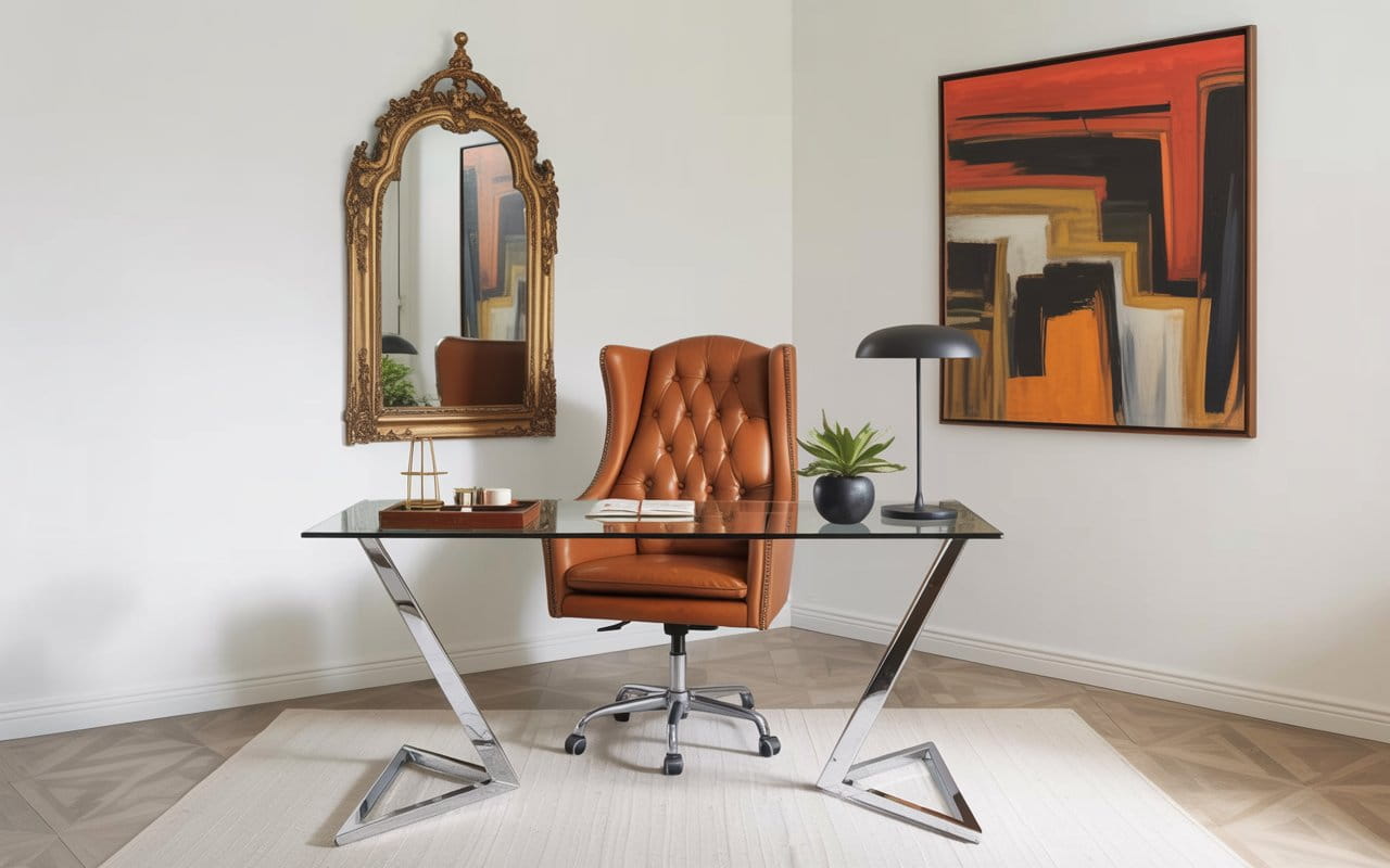 A modern home office. A glass and chrome desk is paired with a vintage 1970s cognac leather office chair. On the wall is a gilded antique mirror reflecting a modern abstract painting.