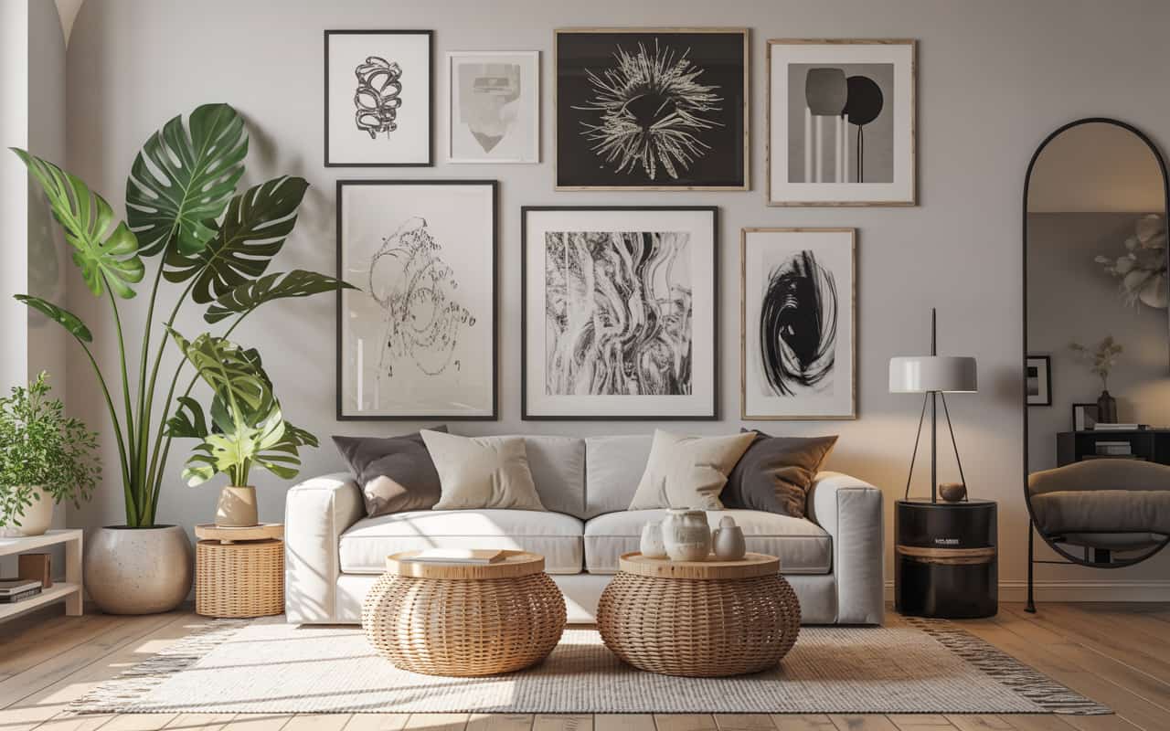 Bedroom with large floor mirror, natural light, minimalistic decor