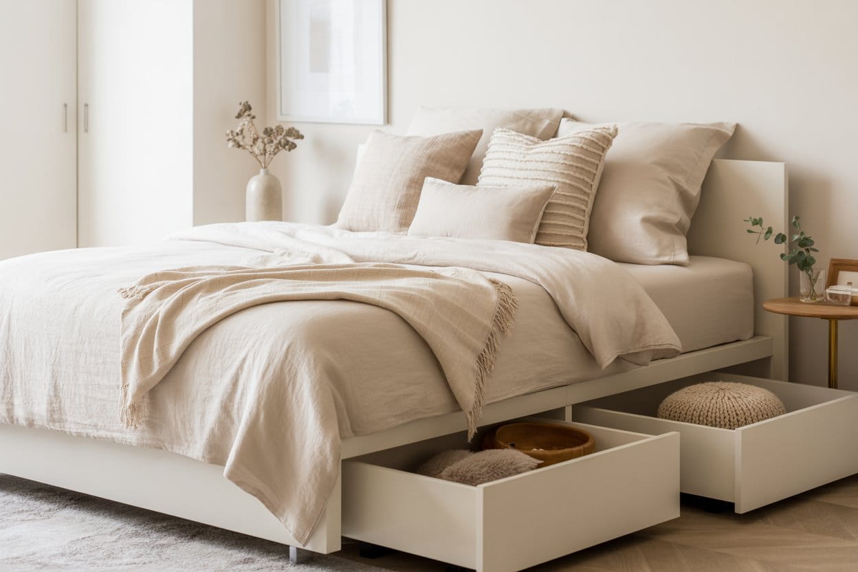 “Minimalist bedroom with small vase on side table, soft neutral bedding, cozy modern décor, bright airy interior, Pinterest-style photo.”