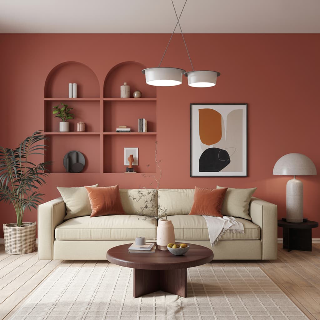 Living room with layered textures, soft rugs, knitted blankets, velvet pillows, cozy lighting