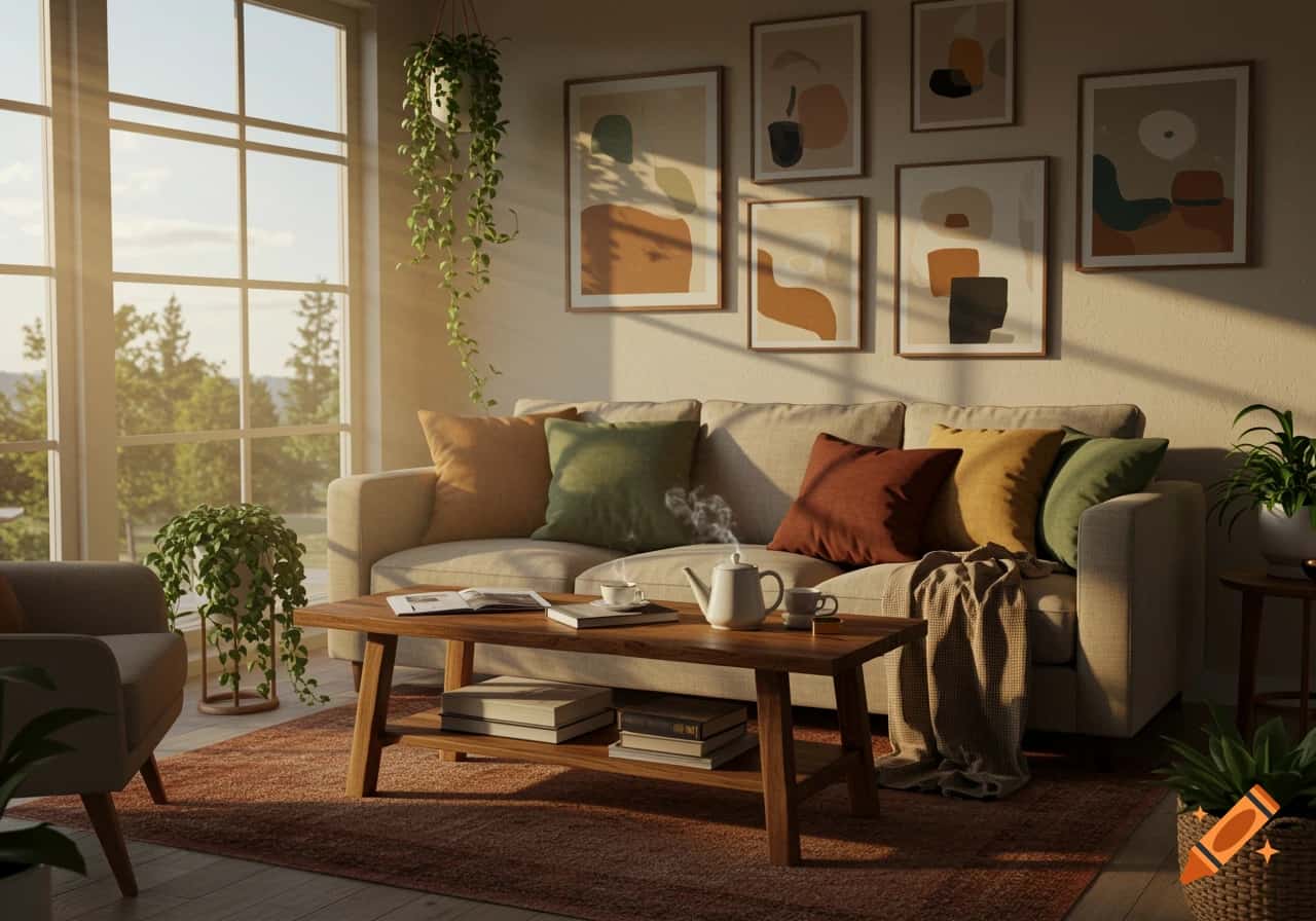 Cozy living room featuring beige seating with green accents, natural textures, and warm lighting.