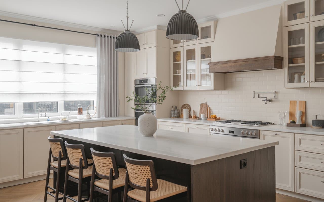 Kitchen island with white marble countertop, dark wood base, pendant lighting, chic decor accessories, modern home kitchen, Pinterest aesthetic.