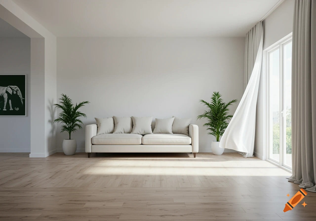 Small living room with white walls, light sofa, and soft neutral decor.
