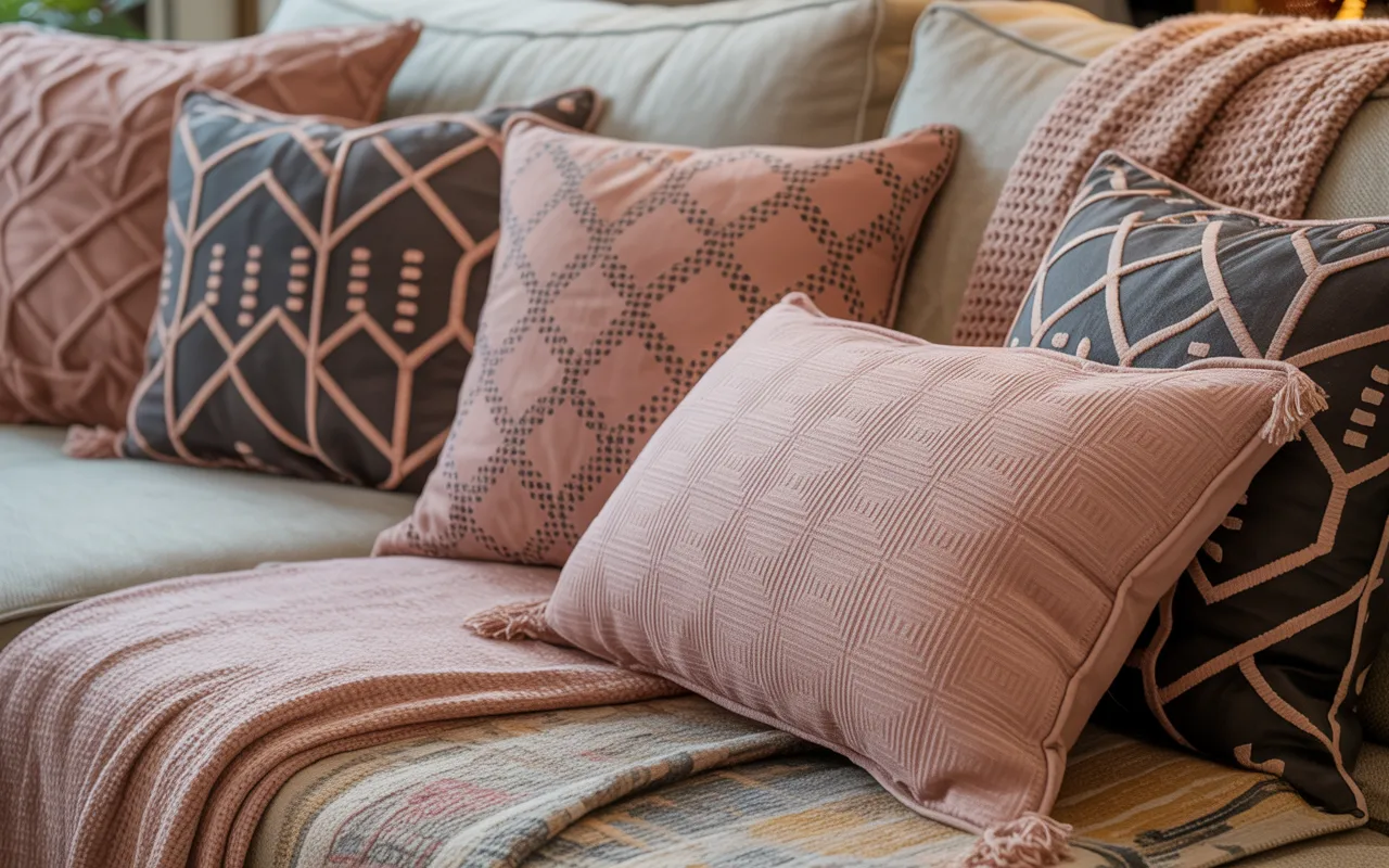 Living room with patterned pink and grey cushions, geometric rug, textured throws, and layered textiles