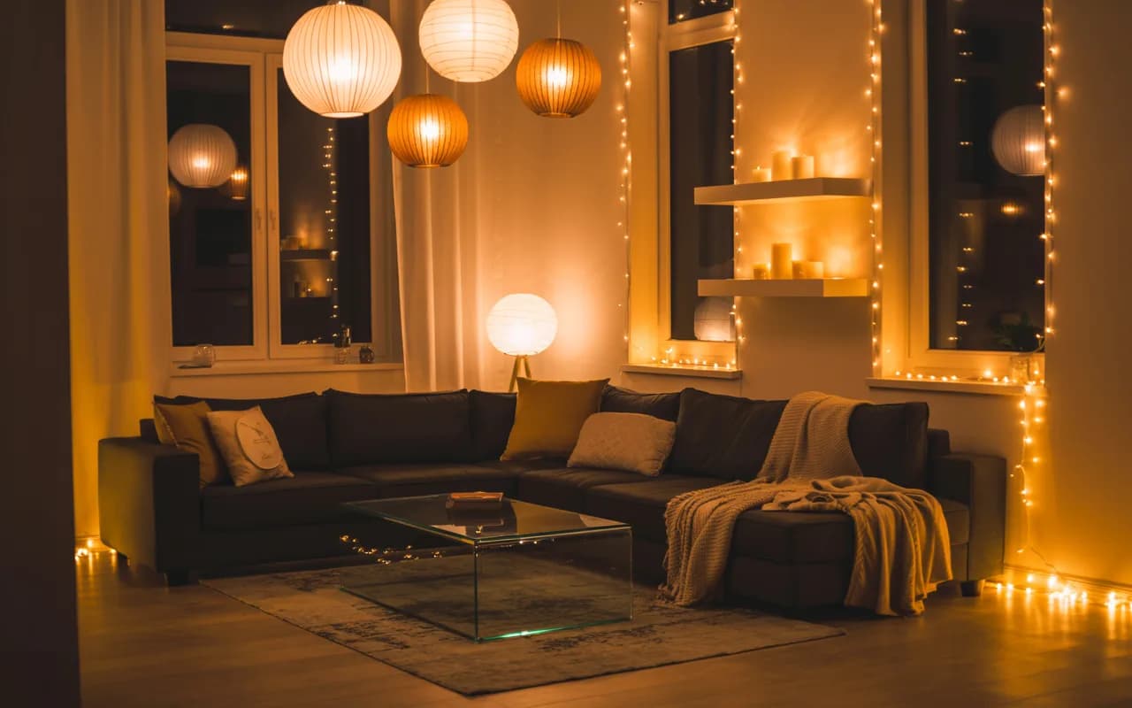 Cozy living room with decorative string lights and lanterns, warm inviting glow, stylish modern furniture, ambient cozy interior."