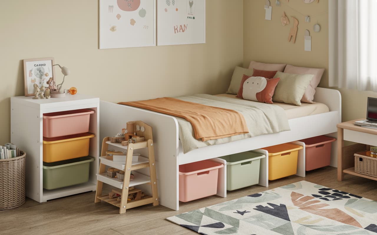 Kids room with colorful storage bins, under-bed drawers, neatly organized toys