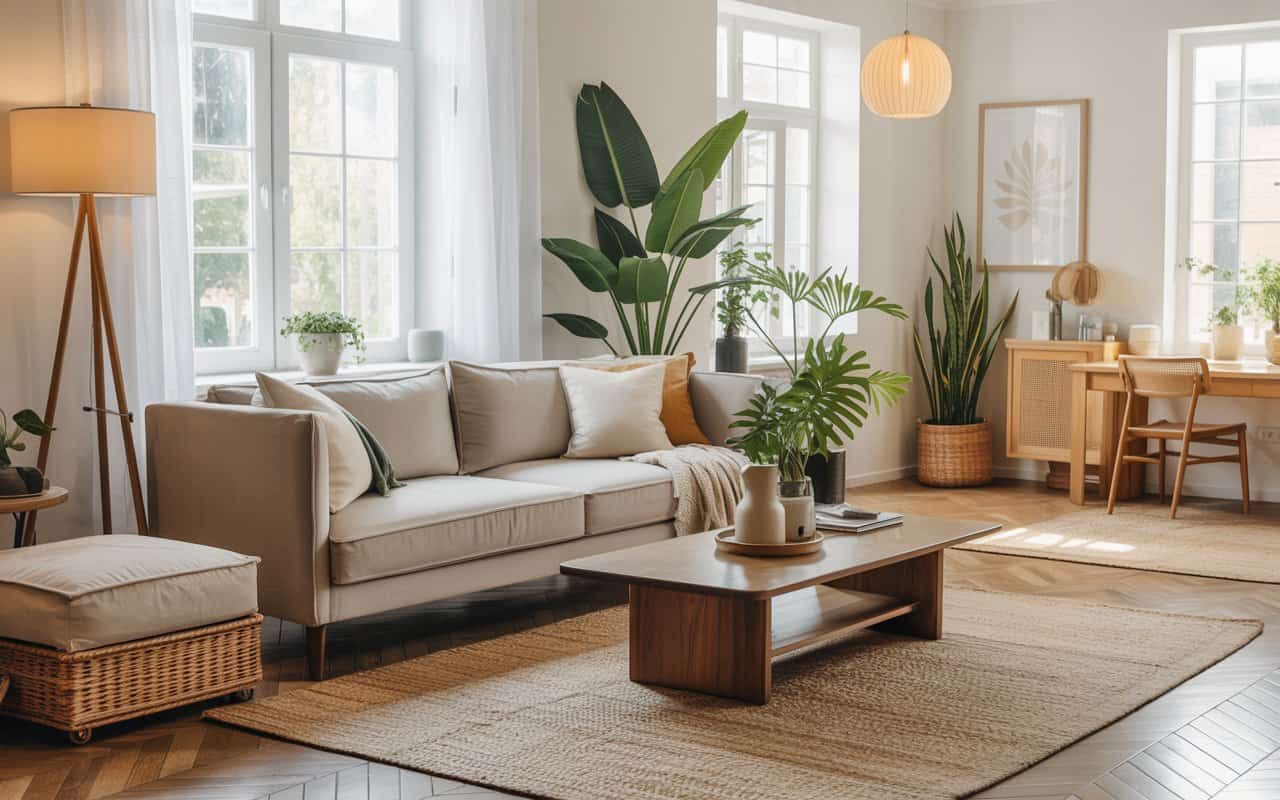 “Living room with velvet green statement sofa, neutral rug, wooden coffee table, bright modern interior, Pinterest-style photo.”