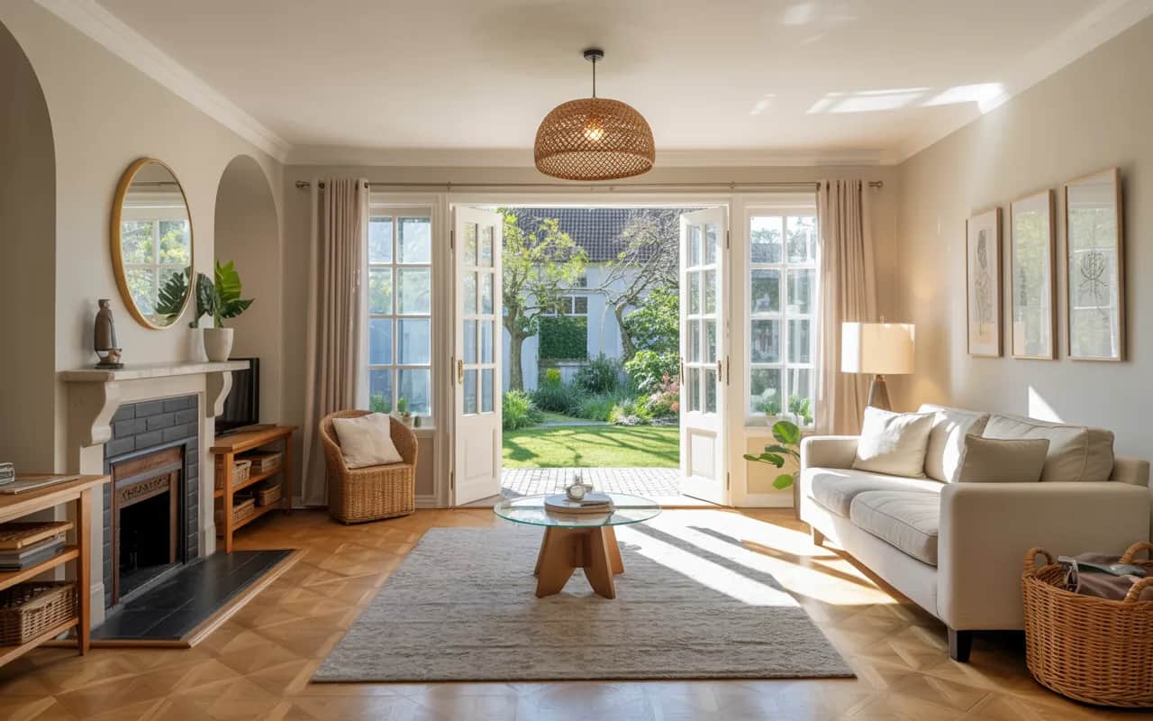 Bright living room with light hardwood floors, pendant lights, cozy seating, and large double doors opening to a sunlit garden.