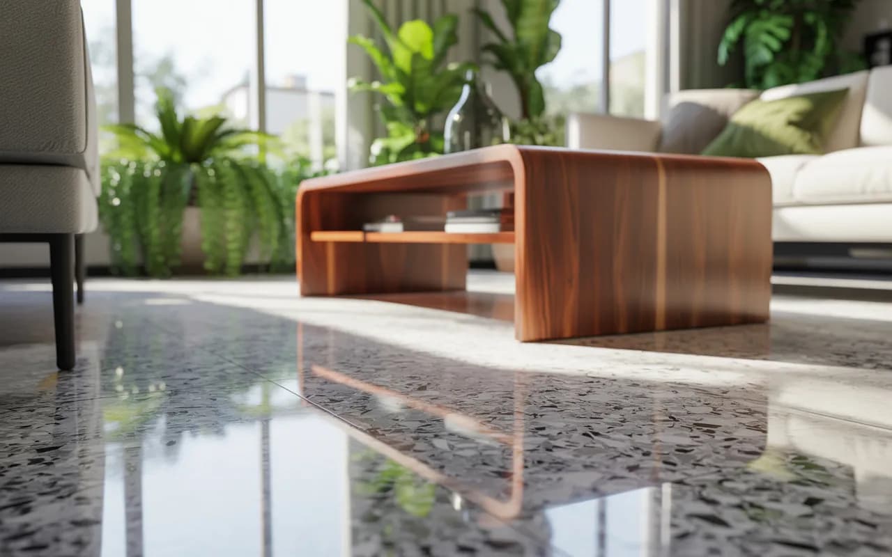 Living room with terrazzo flooring, wooden coffee table, and green plants.