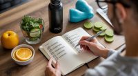 “Person checking off goals in a journal with a smile, surrounded by healthy snacks and a water bottle, representing tracking progress and celebrating milestones