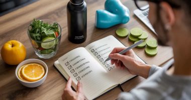 “Person checking off goals in a journal with a smile, surrounded by healthy snacks and a water bottle, representing tracking progress and celebrating milestones