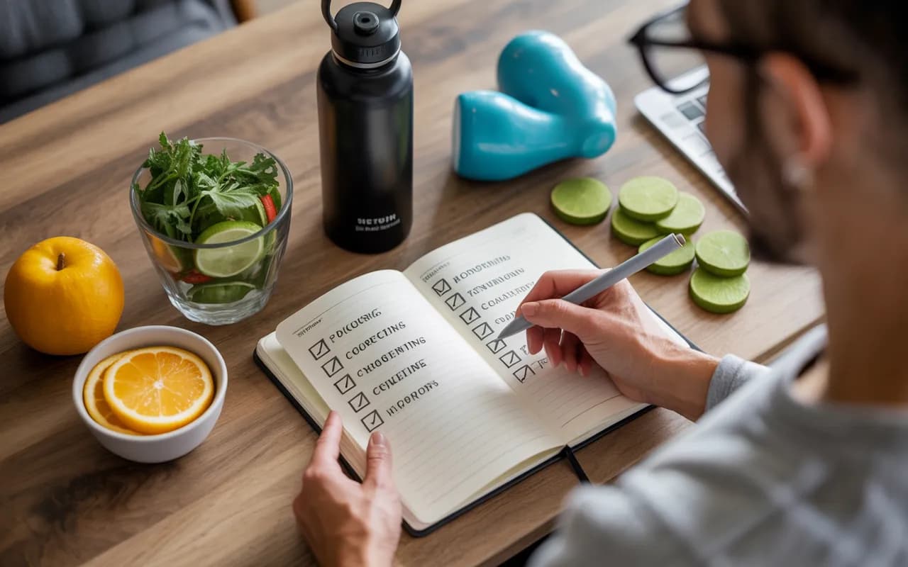 “Person checking off goals in a journal with a smile, surrounded by healthy snacks and a water bottle, representing tracking progress and celebrating milestones
