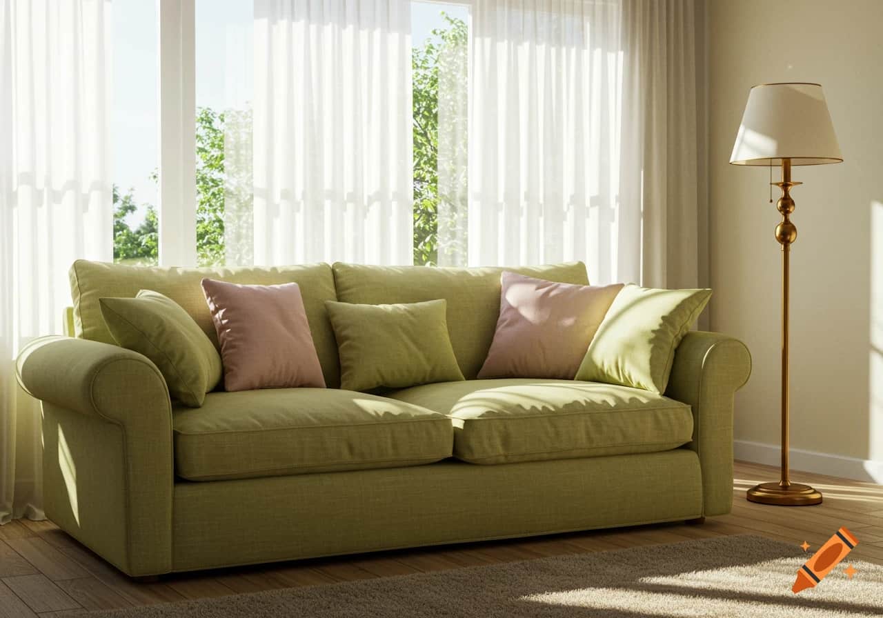 Beige sofa placed on a green area rug, cozy and elegant living room styling.