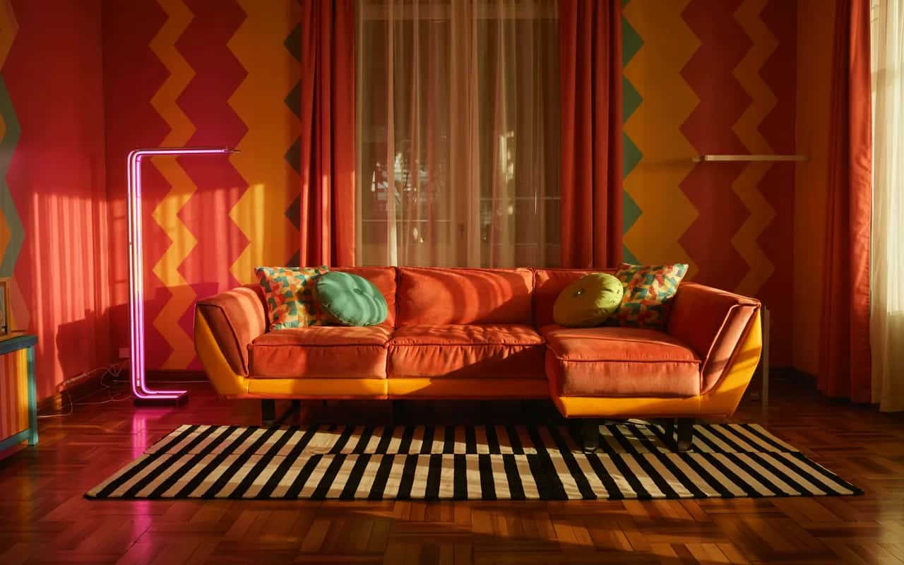 “Retro 80s living room with geometric patterned rug, zigzag wallpaper, angular sofa, neon floor lamp, textured cushions”