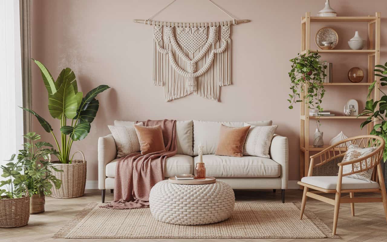 A boho-style living room with plants, woven rugs, macramé wall art, and soft neutral furniture.