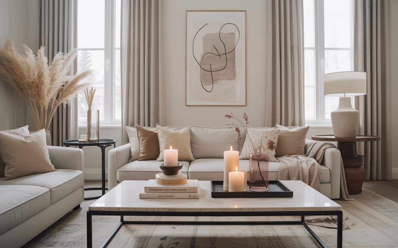 Luxury curtains in neutral tones, tall windows, soft sunlight, Pinterest home interior