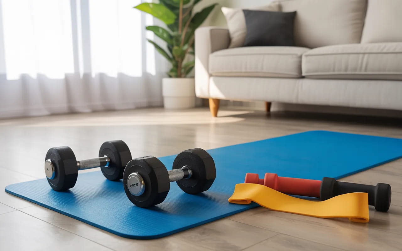 A home workout setup with dumbbells, yoga mat, and resistance bands, showcasing effective at-home strength training.
