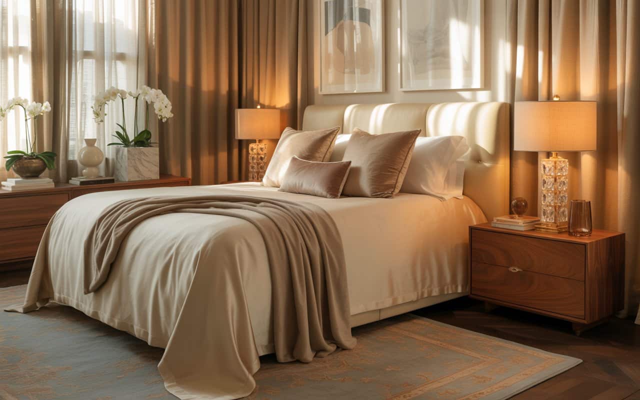 A luxury-style bedroom with soft bedding, warm lighting, neutral tones, and elegant decor.