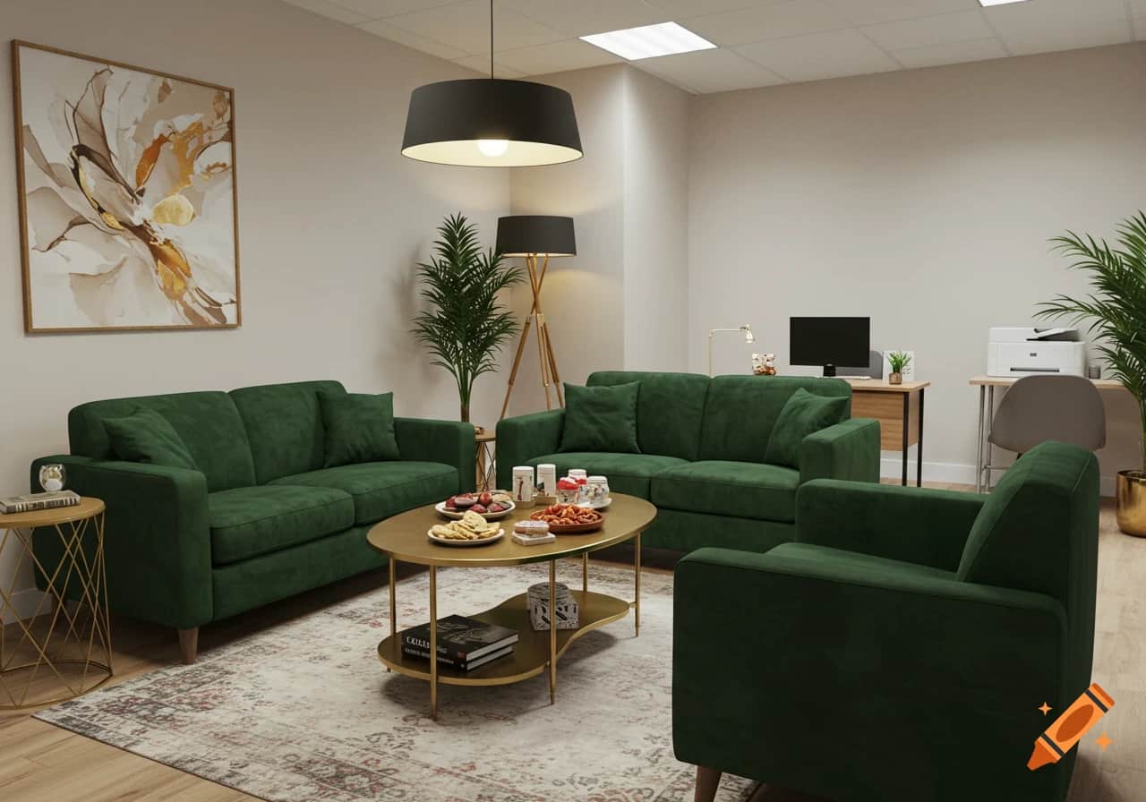 Beige sofa styled with green cushions and a soft green throw, cozy and elegant setting.