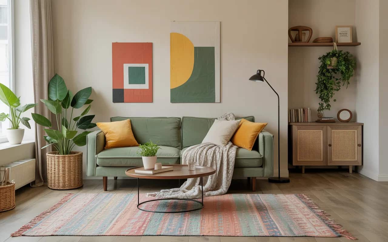 Living room with layered rugs, green sofa, yellow cushions, soft throw blankets, cozy modern interior, Pinterest-ready décor
