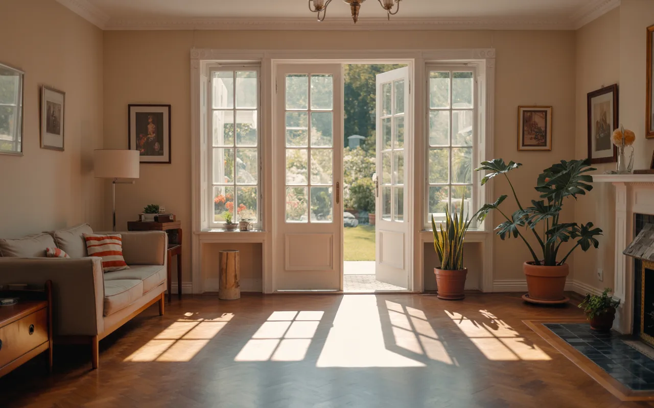 Clean and well-kept living room with double doors to garden, minimal furniture near doors, and sunlight streaming through sparkling glass panels.
