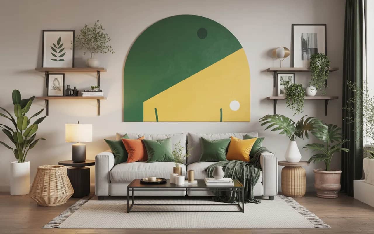 Living room with green and yellow wall art, shelves with décor items, cozy modern interior, Pinterest-style décor