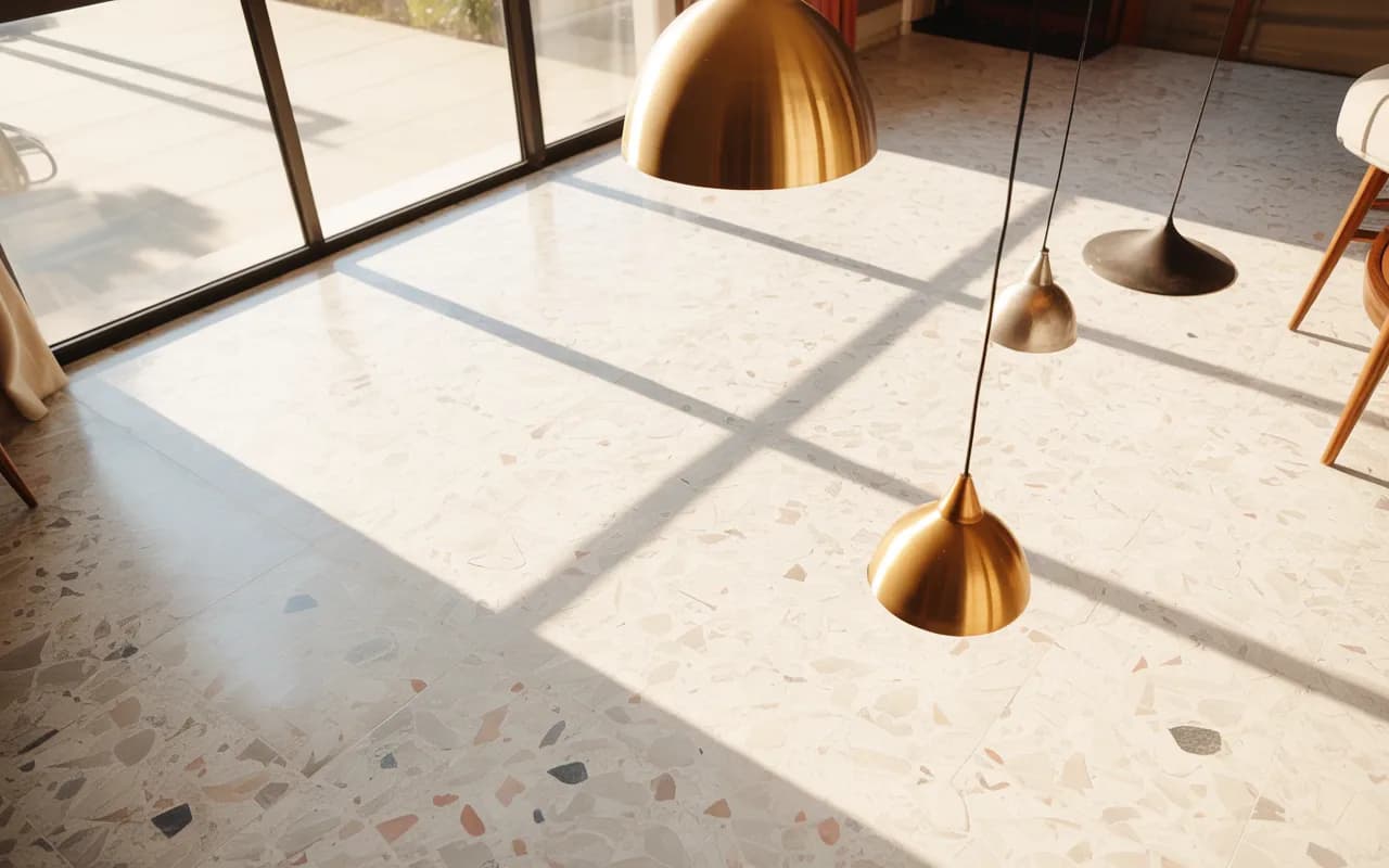 Sunlit living room with terrazzo flooring and pendant lights.
