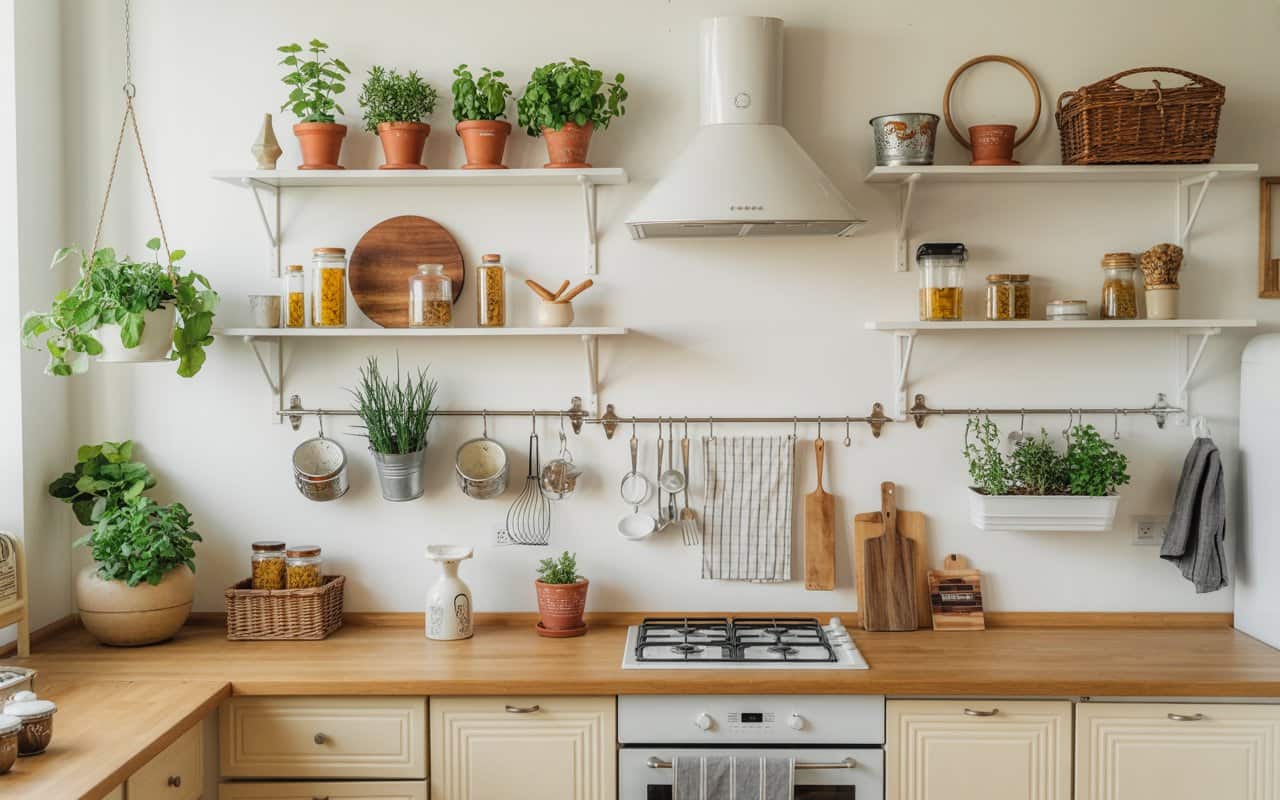 Farmhouse kitchen with potted herbs on shelves, hanging plants, wooden accents, rustic cozy vibe.