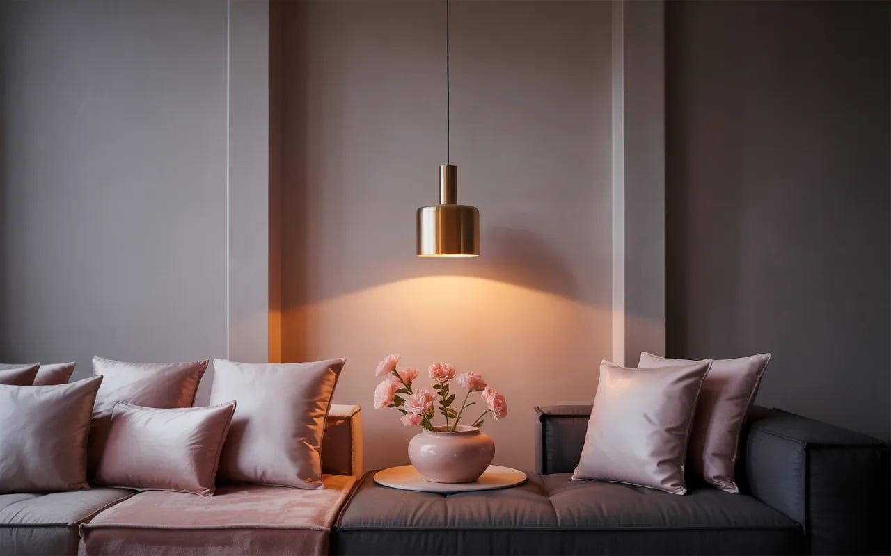 Living room with soft warm lighting, grey walls, pink accents, and stylish pendant light
