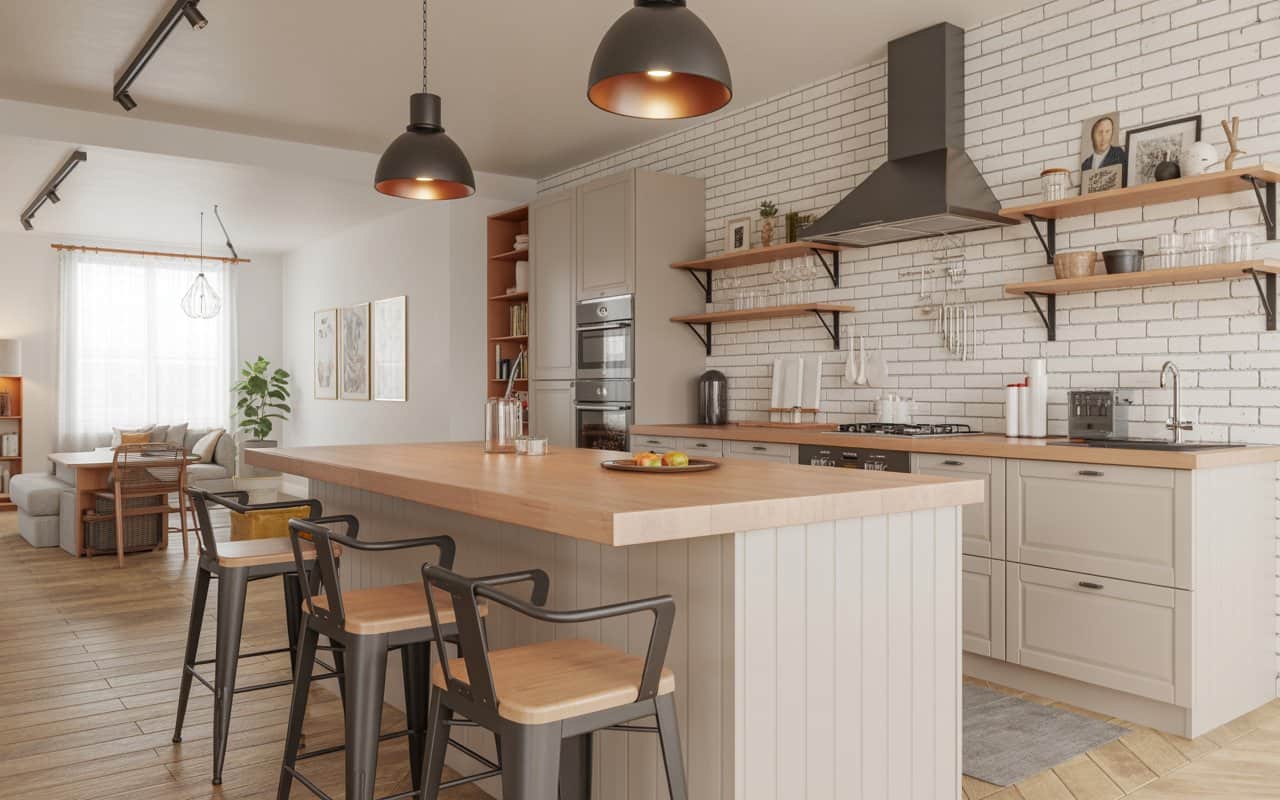 Modern kitchen with wooden island, metal and wood bar stools, bright pendant lighting, cozy and stylish interior